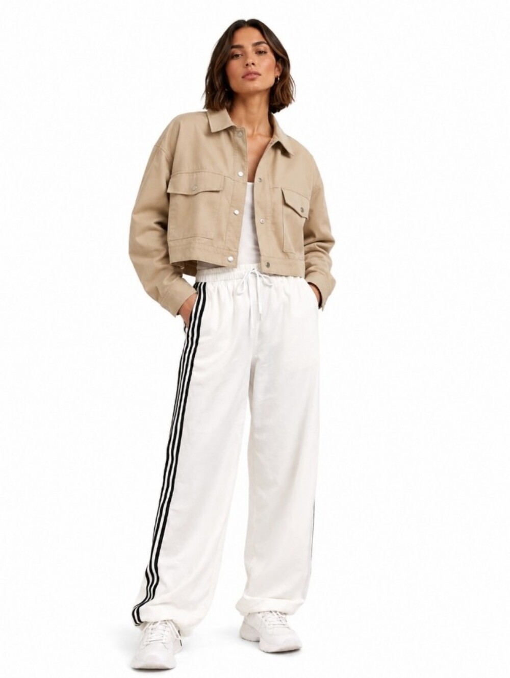 eesome Cream Snap Button Cropped Wide Shirt Jacket Large - Picture 14 of 14